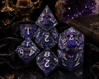 Skull Resin Dice Set, Purple Blue Iridescent Inclusion, 7-Piece Polyhedral DnD RPG Dice