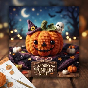 Handgemaakte gehaakte pompoenknuffel, griezelige amigurumi, spook met heksenhoed (tafeldecoratie)