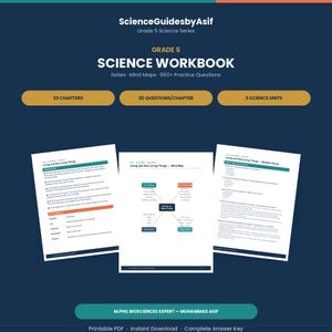 Może przedstawiać: Zeszyt ćwiczeń przyrodniczych dla klasy 5 od ScienceGuidesbyAsif zawierający 33 rozdziały, 20 pytań na rozdział i 3 jednostki. Okładka zawiera notatki, mapy myśli i ponad 660 pytań. Trzy przykładowe strony pokazują treść o organizmach żywych.