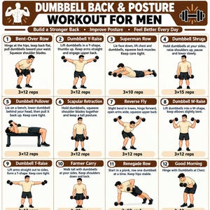 May include: An instructional chart titled DUMBBELL BACK & POSTURE WORKOUT FOR MEN featuring sixteen numbered illustrations of exercises using dumbbells. Each panel includes a specific exercise name, descriptive instructions, and repetition counts.