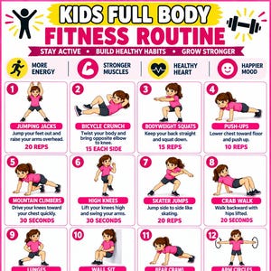 Könnte beinhalten: Ein Fitness-Routine-Diagramm für Kinder mit sechzehn nummerierten Übungsillustrationen. Jedes Feld zeigt ein Kind in einem rosa T-Shirt und schwarzen Shorts, das Bewegungen wie Hampelmänner, Kniebeugen und Planks mit Textanweisungen ausführt.