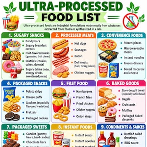 May include: An educational infographic titled Ultra-Processed Food List, featuring nine numbered categories of food items with illustrations and text labels. The bottom section lists health benefits of limiting these foods, including better health and mood.