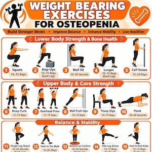 May include: An informational chart titled Weight Bearing Exercises for Osteopenia, featuring twenty numbered illustrations of a person in an orange shirt and black leggings performing various strength, balance, and functional movement exercises.