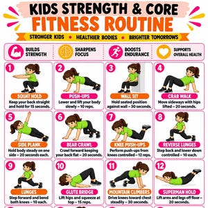May include: A fitness chart titled Kids Strength & Core Fitness Routine featuring sixteen numbered illustrations of a person in a green shirt and black leggings performing various exercises like squats, push-ups, and planks with instructions.