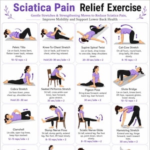 Tabella di esercizi per alleviare il dolore sciatico, routine di stretching per la parte bassa della schiena, guida alla mobilità (stampabile)
