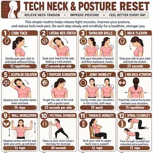 May include: An instructional poster titled Tech Neck & Posture Reset featuring sixteen numbered illustrations of a person in a pink shirt performing exercises to relieve neck tension and improve posture with text descriptions for each movement.