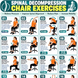 Puede incluir: Un gráfico instructivo titulado Spinal Decompression Chair Exercises que muestra dieciséis ilustraciones numeradas de una persona con camiseta naranja y pantalones negros realizando varios estiramientos sentados para mejorar la alineación espinal.