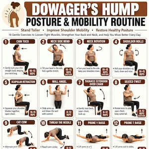 May include: An instructional poster titled DOWAGER'S HUMP POSTURE & MOBILITY ROUTINE featuring 16 numbered exercise illustrations. Each panel shows a person in a brown shirt and black pants performing movements like chin tucks, stretches, and raises.