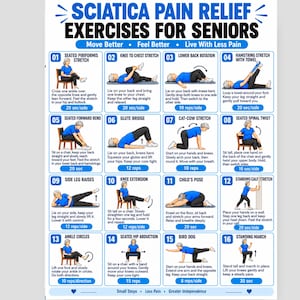 Ejercicios para aliviar el dolor de ciática en personas mayores (tabla imprimible) Estiramientos suaves del nervio ciático Guía de ejercicios para el dolor de espalda baja y piernas