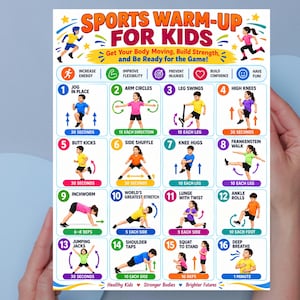 Peut inclure: Une affiche éducative blanche intitulée Sports Warm-Up For Kids présentant seize illustrations numérotées d'enfants effectuant divers exercices. Chaque section comprend le nom de l'exercice, la durée ou le nombre de répétitions et des icônes colorées.