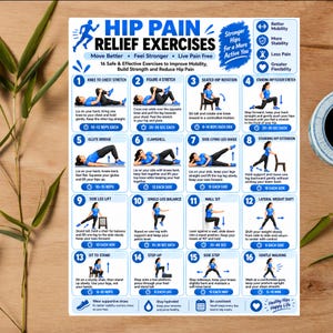 May include: A white instructional poster titled Hip Pain Relief Exercises featuring 16 numbered illustrations of individuals performing physical movements. The chart includes blue text, icons, and step-by-step instructions for improving mobility and hip strength.