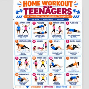 Peut inclure: Une affiche blanche intitulée HOME WORKOUT FOR TEENAGERS présentant 16 illustrations d'exercices numérotés. Chaque encadré montre une personne effectuant un mouvement spécifique comme des sauts, pompes, fentes et planches avec des instructions.