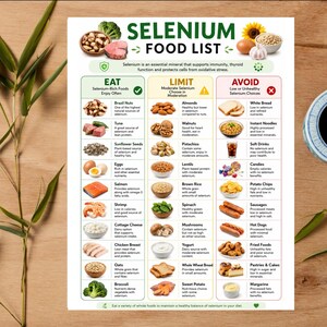 Selenium Food List Printable | Selenium-Rich Foods Chart | Eat, Limit & Avoid Guide | Nutrition Wellness Poster