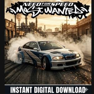 May include: A silver and blue sports car performing a drift on an asphalt road, surrounded by thick white tire smoke. The text Need for Speed Most Wanted is displayed at the top, and the text Instant Digital Download is at the bottom.