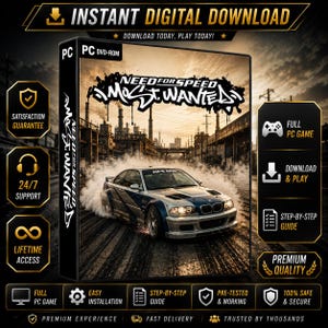 May include: A digital game case for Need for Speed Most Wanted for PC DVD-ROM. The cover features a silver BMW M3 GTR drifting on an asphalt road with smoke, set against an industrial city background. The text includes Instant Digital Download.