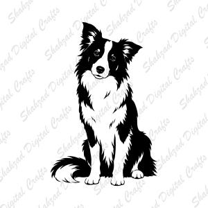 Peut inclure: Une illustration graphique en noir et blanc d'un chien Border Collie assis en position frontale. Le design présente des formes noires unies à fort contraste sur un fond blanc, avec le texte répété Shahzad Digital Crafts.