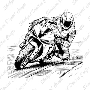May include: A black and white digital illustration of a motorcycle rider leaning into a sharp turn on a sportbike. The rider wears a full-face helmet and protective gear, while the motorcycle is depicted in motion on a textured road surface.