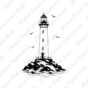 May include: A black and white graphic illustration of a tall lighthouse standing on a rocky outcrop surrounded by water. The lighthouse features a lantern room at the top, multiple arched windows, and a small doorway. Three birds fly nearby.