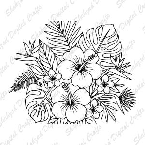 May include: A black and white line art illustration featuring a tropical floral arrangement with hibiscus flowers, plumeria blossoms, monstera leaves, palm fronds, and bird of paradise flowers. The design is set against a white background.