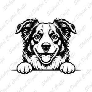 Op de afbeelding: Een zwart-witte lijntekening van een hond met pluizige oren en vacht, vanaf de borst afgebeeld met de voorpoten rustend op een horizontale lijn. De hond heeft een brede, open mond met een glimlach en grote, expressieve ogen.