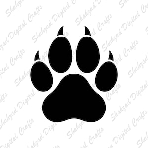 May include: A black graphic illustration of an animal paw print featuring four rounded toes with sharp claws and a large, wide central pad. The design is centred against a white background with the repeating text Shahzad Digital Crafts.