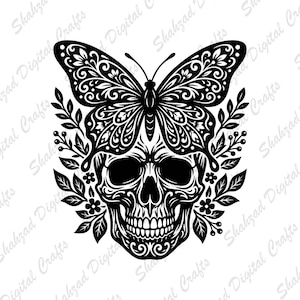 May include: A black and white graphic illustration featuring a human skull positioned beneath a large butterfly. The butterfly wings and the skull are decorated with intricate floral and swirling patterns. Leafy branches frame the sides.