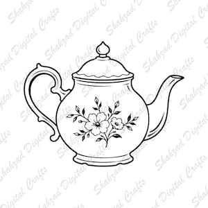 Puede incluir: Una ilustración de arte lineal en blanco y negro de una tetera con un diseño floral en su cuerpo. La tetera tiene un asa curva, un pico y una tapa con un pequeño pomo. El fondo contiene el texto repetido Shahzad Digital Crafts.