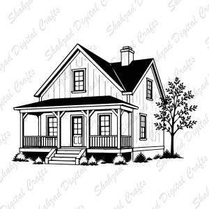 Peut inclure: Une illustration en noir et blanc au trait représentant une maison avec un porche, une cheminée et un arbre sur le côté droit. La maison présente un bardage vertical, plusieurs fenêtres rectangulaires, une porte d'entrée et des marches.