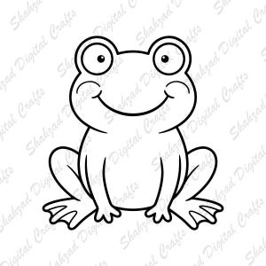 May include: A black and white line art illustration of a frog with large circular eyes and a wide smiling mouth. The frog is depicted in a seated position with its front legs resting forward and its back legs folded to the sides of its body.