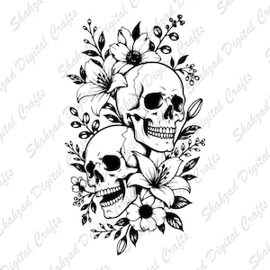 May include: A black and white digital illustration featuring two human skulls intertwined with various blooming flowers, leafy branches, and small buds. The design is presented on a plain white background with the repeating text Shahzad Digital Crafts.