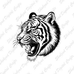 May include: A black and white graphic illustration of a tiger head in profile, featuring sharp teeth, an open mouth, and detailed fur markings. The design includes the repeated text Shahzad Digital Crafts in the background.