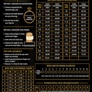 May include: A ring size chart by Rareline Jewels featuring a gold diamond ring at the top. The chart includes instructions for measuring ring size, a table of USA sizes in millimeters, a conversion chart for international sizes, and a visual guide.