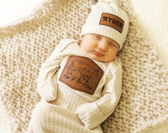 New To The Herd Oatmeal Cream Gown and Hat set - Leather Branded Newborn Take Home Outfit