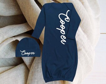 Baby Boy Coming Home Outfit, Newborn Boy, Monogrammed Gown and Hat Set, Monogram Baby Boy, Newborn Boy Outfit, Monogram Navy Gown