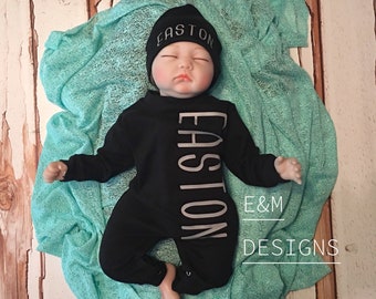 Baby Boy Coming Home Outfit, Newborn 0/3 Boy Romper, Monogrammed Baby Sleeper Set, Boy Monogram Set, Long Sleeve Sleep Set
