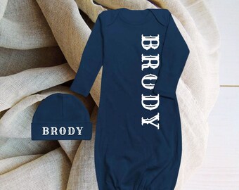 Baby Boy Coming Home Outfit, Newborn Boy, Monogrammed Gown and Hat Set, Monogram Baby Boy, Newborn Boy Outfit, Monogram Navy Gown