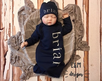 Boys Coming Home Outfit / Navy Gown / Navy and Grey Set / Gown and Hat Set / Vinyl Monogram / Boys Baby Shower Gift / Monogrammed Boys Gown