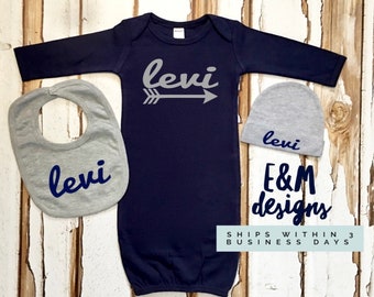 Baby Boy Coming Home Outfit, Newborn Navy and Gray Gown and Hat Set, Boys Monogrammed Gown Hat Bib Set, Monogram Boy Take Home Set, Arrow