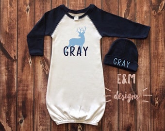 Baby Boy Coming Home Outfit, Navy Raglan Baseball Gown Outfit, Newborn Boy, Monogrammed Gown and Hat Set, Monogram Boy, Newborn, Deer Antler