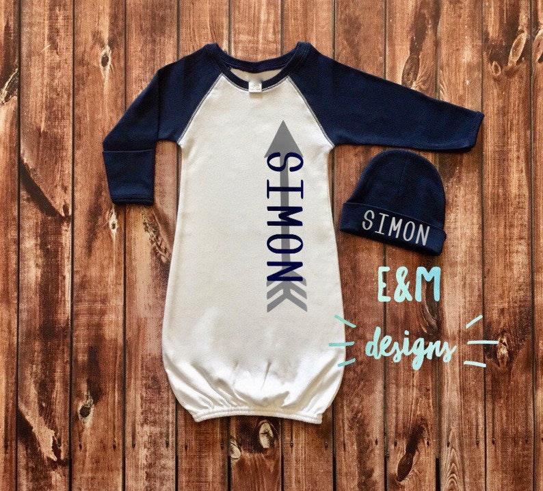 Arrow Newborn Boy Newborn Monogrammed Gown and Hat Set Monogram Boy Baby Boy Coming Home Outfit Navy Raglan Baseball Gown Outfit