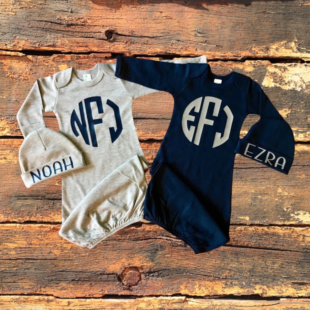 Twin Coming Home Outfits Newborn Boys Monogram Gown Set Gray Etsy