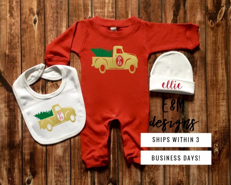 Toddler Christmas Pajamas Baby Monogrammed Holiday Truck Sleeper and Hat Monogram Newborn Romper Boys Coming Home Christmas Set Bib Set