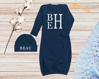 Boy Coming Home Outfit / Monogrammed Baby Boy Gown / Navy Gown / Navy Take Home Outfit / Boys Baby Shower Gift / Newborn Gown and Hat Set