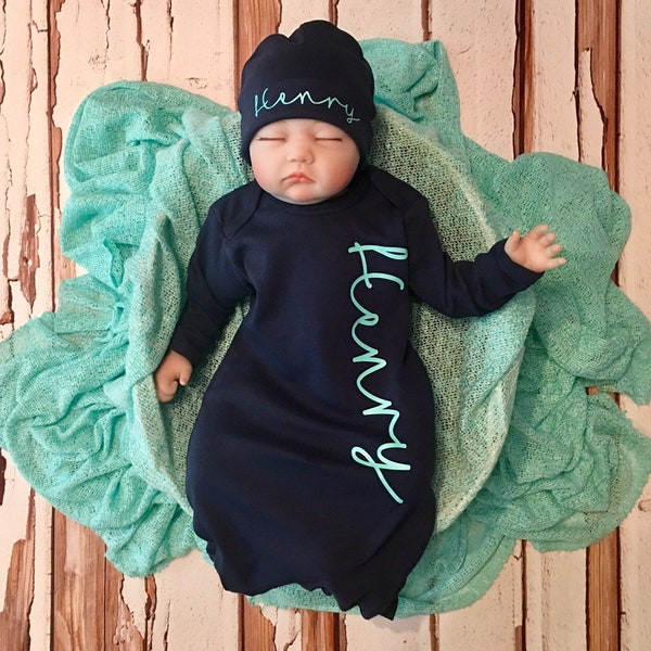 Baby Boy Coming Home Outfit, Newborn Boy, Monogrammed Gown and Hat Set, Monogram Baby Boy, Newborn Boy Outfit, Monogram Navy Gown