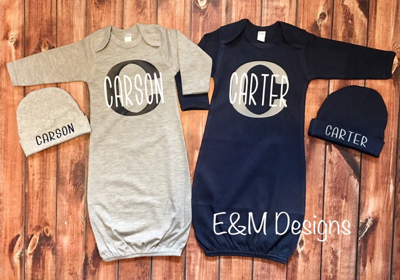 Twin Coming Home Outfits Newborn Boys Monogram Gown Set Gray Etsy