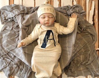 Oatmeal/Cream, Navy and Gold Girls Coming Home Outfit, Newborn Girls Gown and Hat Set, Vinyl Gown Set, Monogrammed Set, Girls Take Home Set