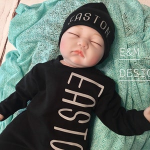 Baby Boy Coming Home Outfit, Newborn 0/3 Boy Romper, Monogrammed Baby Sleeper Set, Boy Monogram Set, Long Sleeve Sleep Set image 5