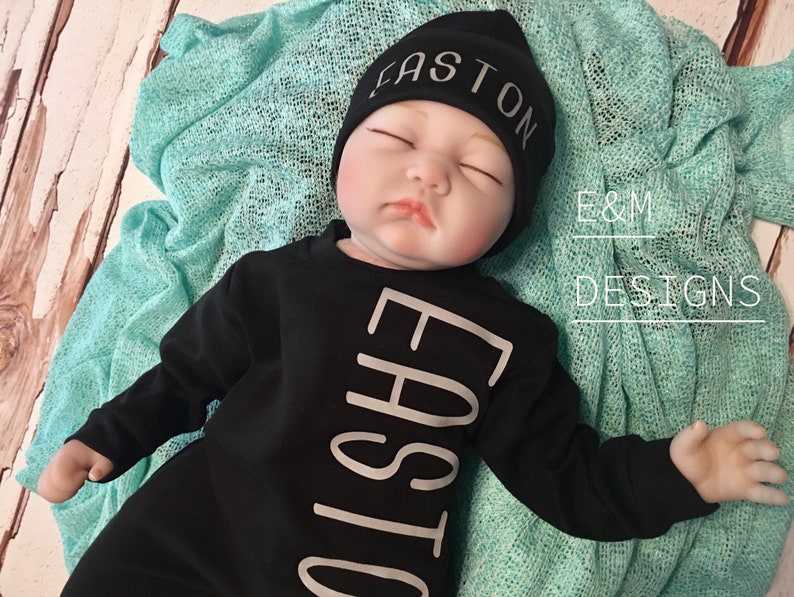 Baby Boy Coming Home Outfit, Newborn 0/3 Boy Romper, Monogrammed Baby Sleeper Set, Boy Monogram Set, Long Sleeve Sleep Set image 5