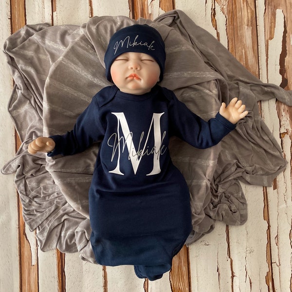 Baby Boy Coming Home Outfit/ Personalized Infant Baby Gown and Hat/ Monogrammed Baby Boy/ Baby Shower Gift/ Newborn Pictures/Navy and Grey