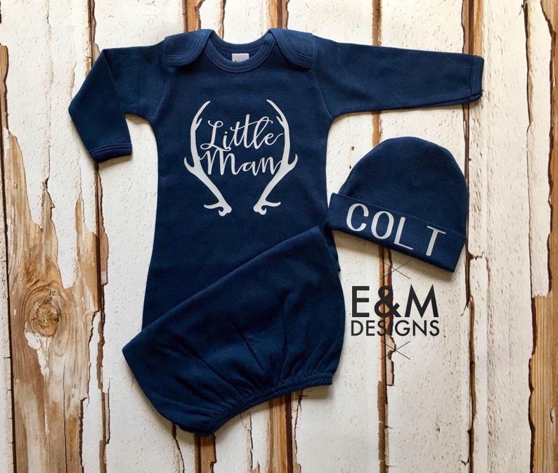 Boys Coming Home Outfit Newborn Hunting Outfit Newborn Boy Antler Set Antler Baby Gown Little Man Outfit Monogram Boy Deer Outfit